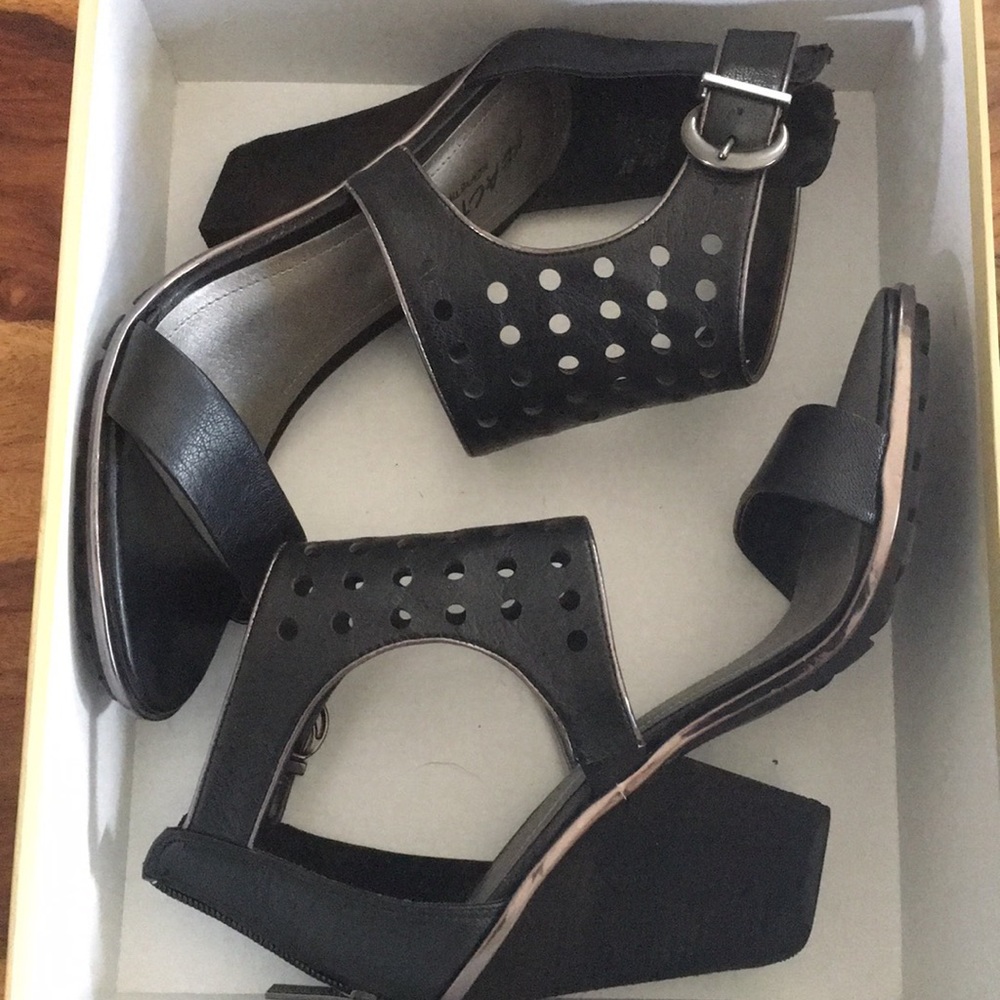 Leather black wrap wedge heels